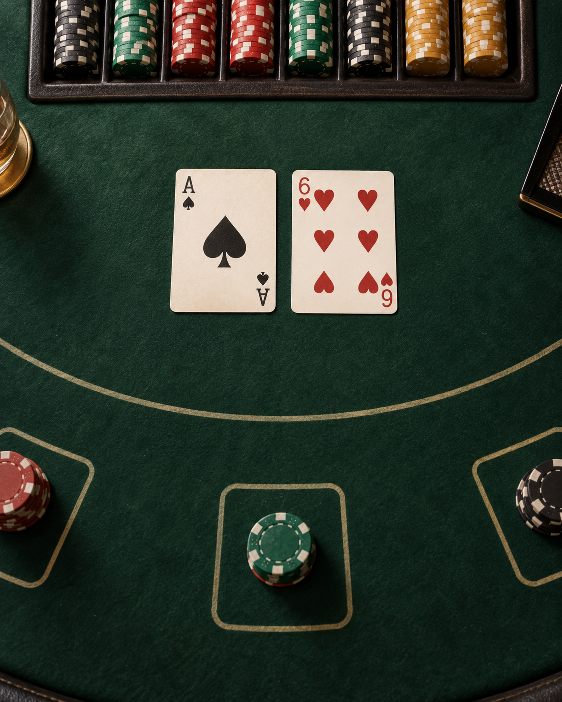 Overhead view of a blackjack table, with the dealer’s ace of spades and six of hearts face up for soft 17.
